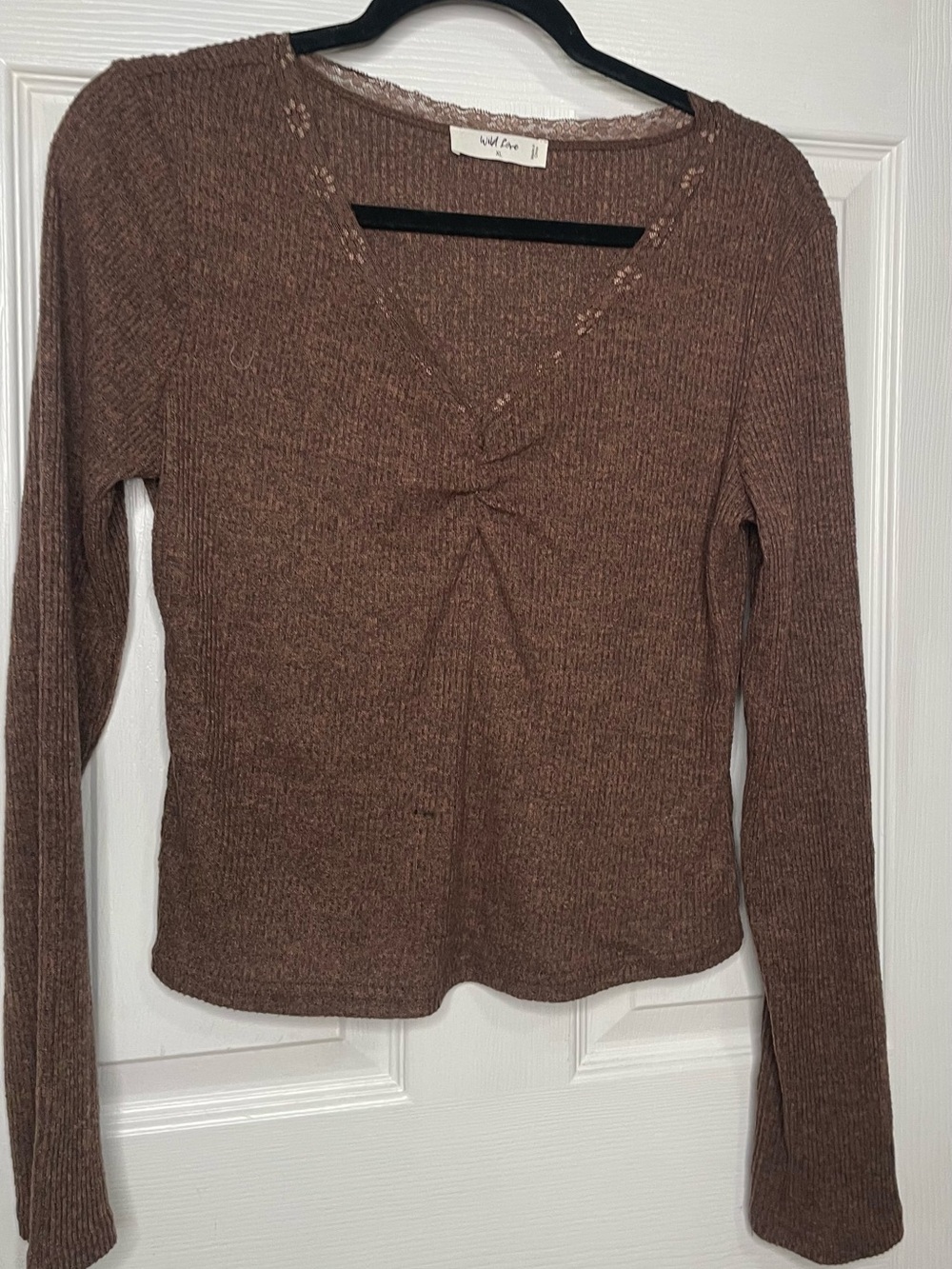 Brown Ribbed Cropped Long-Sleeve V-Neck Top